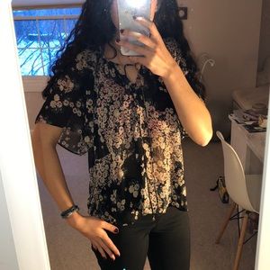 sheer flower print black shirt